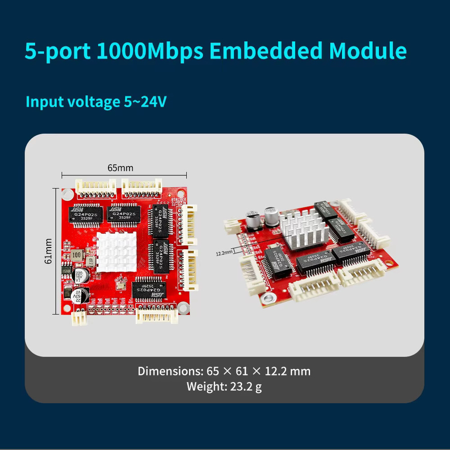 HICOMDATA Gigabit Ethernet Switch PCBA Modul mit 3 oder 5 Ports, 10/100/1000Mbps, 9-57V DC Weitbereichseingang für eingebettete Systeme - Bild 2