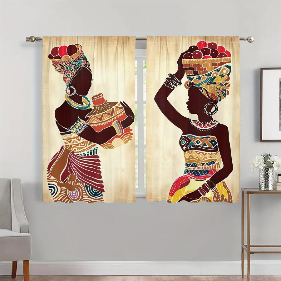 2er-Set Ethnische Vorhänge mit Afrikanischem Frauenmuster in Bunt, Semi-transparent, Breite: 50 cm, Höhe: 50 cm - Bild 2