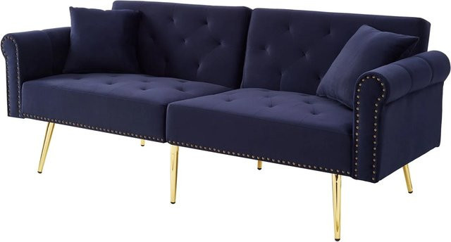 Merax Schlafsofa 2 Sitzer aus Samt in Blau mit verstellbarer Rückenlehne und Massivholzrahmen - Bild 1