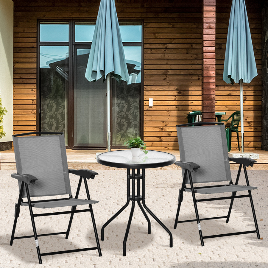 Outsunny 3-teiliges Gartenmöbelset in Grau mit 2 klappbaren Mehrpositions-Stühlen und rundem Tisch aus Stahl und Textilene mit gehärtetem Glas - Bild 2