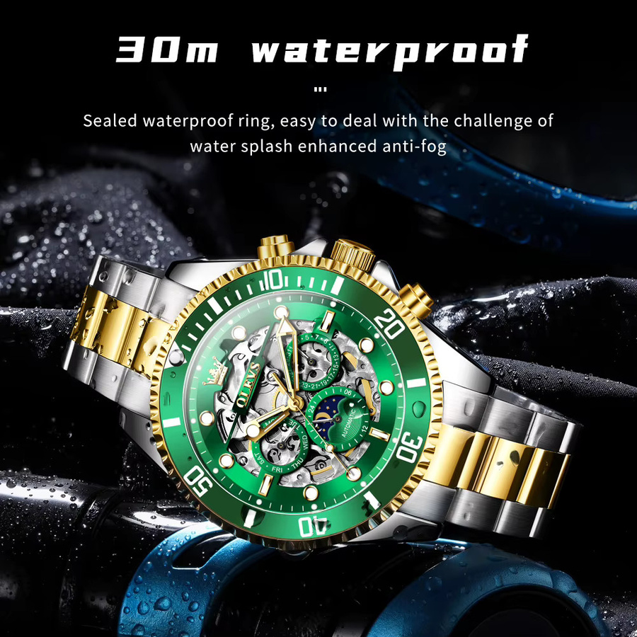 OLEVS Armbanduhr Automatik, Edelstahl, Gold, Mondphase, Herren - Bild 5