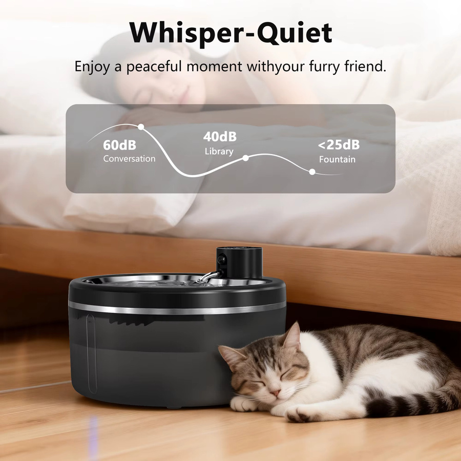 LABEKA Kabelloser Katzenwasserbrunnen in Schwarz mit Edelstahlwanne, 3L Fassungsvermögen, geräuscharmer Haustier-Wasserspender mit intelligenter Sensorik und 4000mAh Akku - Bild 4