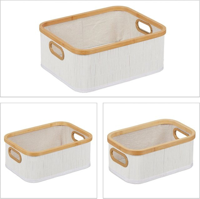Relaxdays Aufbewahrungskorb 3er Set aus Bambus in Weiß und Natur Beige stapelbar - Bild 1