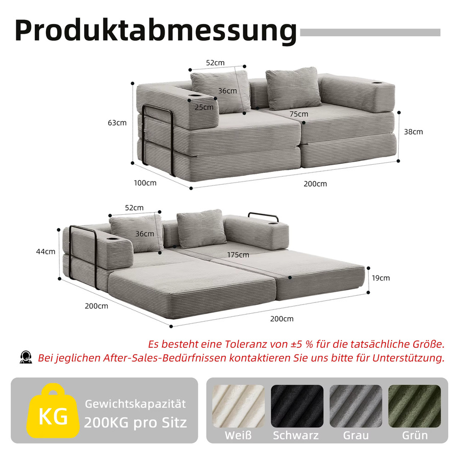 Vankel 2-Sitzer Cord-Ecksofa in Grau, umwandelbares modulares Bodensofa mit Getränkehalter für dein Wohnzimmer - Bild 2