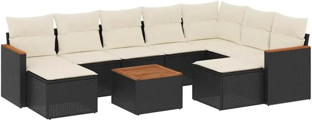 vidaXL 10-tlg. Garten-Sofagarnitur in L-Form aus Polyrattan und Akazienholz mit Kissen in Schwarz - Bild 1