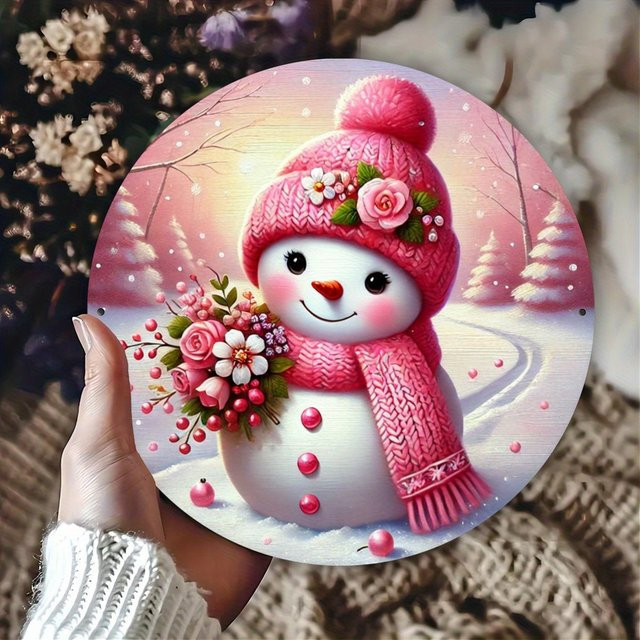 Potdemiel Schneemann Weihnachts-Metallschild in Rosa als dekorative Wandkunst für Innen und Außen - Bild 1