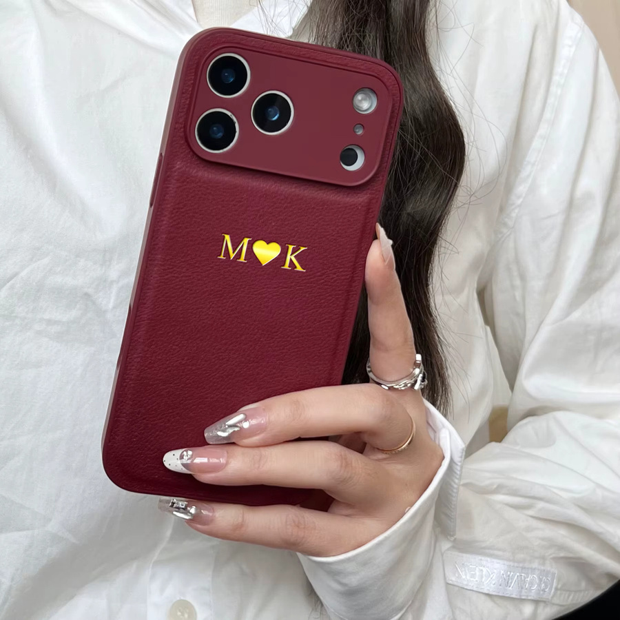 Personalisierte Luxus-Kunstlederhülle für Apple iPhone 17 16 15 14 13 Pro Max Plus Air mit individueller Gold-Heißfolienprägung des Namens-Anfangsbuchstabens in Gold oder Rot - Bild 2