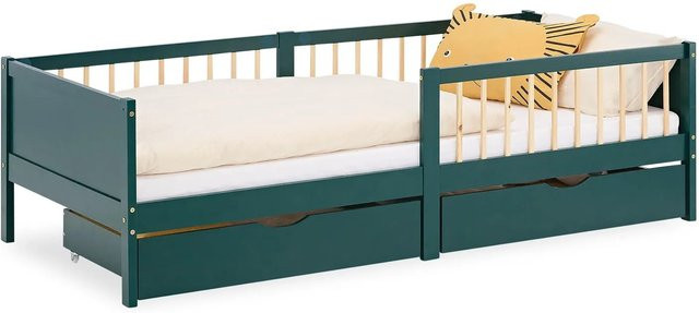 Homestyle4u Kinderbett aus Kiefernholz mit Rausfallschutz und Schubladen in Grün - Bild 1