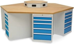 Bedrunka + Hirth 6-Eck-Werkbank aus Holz und Stahlblech, B/H/T: 250 x 85,9 x 216,5 cm, blau/grau/mehrfarbig - Bild 1