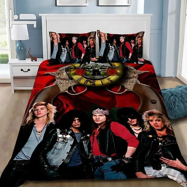 Bettwäsche-Set Rockband G-Guns N R-Roses aus Mikrofaser in Rot mit Bettbezug und Kissenbezug, Breite: 100 cm, Länge: 135 cm - Bild 1