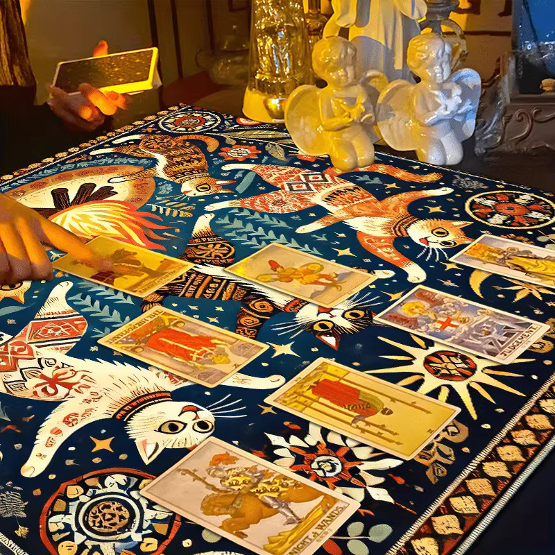 VIKAMA Quadratisches Altartuch im Fantasy-Bohemien-Stil mit Magischem Tanz, Katze und Sternmuster, Multicolour, B/B: 75 x 75 cm - Bild 2
