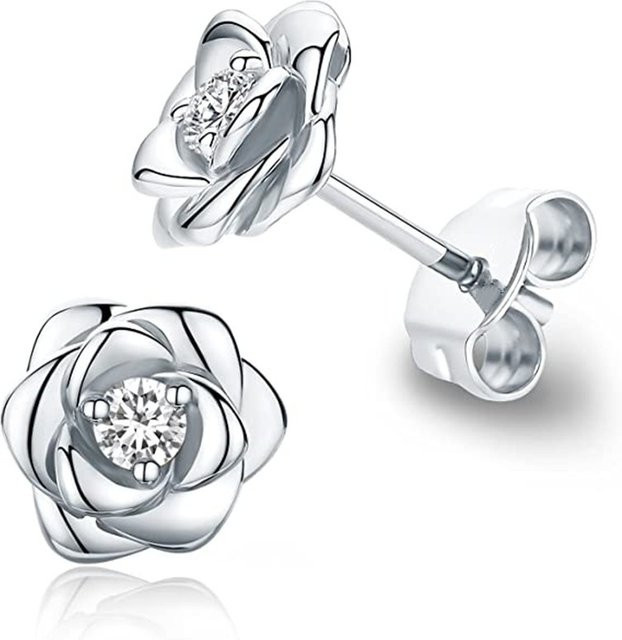 Huitan Rosen-Blumen-Ohrstecker, Silber, Zirkonia, Damen - Bild 1