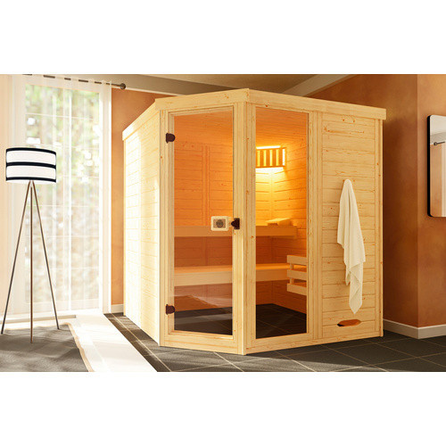 WEKA Massivholzsauna Laukkala 3 für 6 Personen in Braun inklusive 7,5 kW Ofen mit externer Steuerung und BioS Saunaleuchtenset - Bild 2