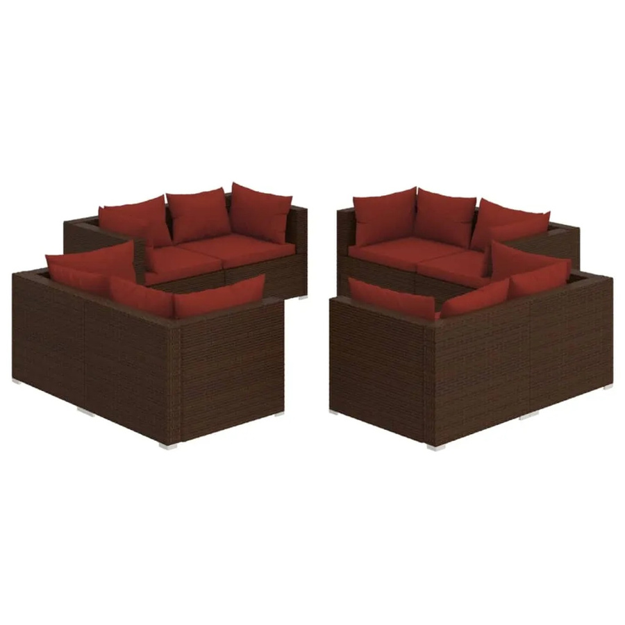 vidaXL 8-tlg Garten-Lounge-Set in L-Form aus Poly Rattan mit Kissen in Braun und Rot - Bild 2