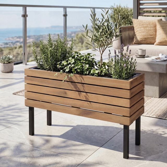 Pflanzkasten MCW-P84 Outdoor aus Stahl und Akazie in Hellbraun, B/T/H: 62 x 36 x 22 cm - Bild 1