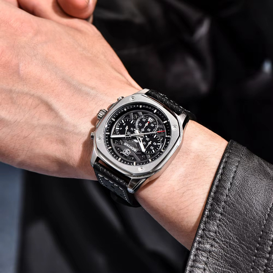 BENYAR Chronograph, Quarz, Edelstahl, Leder, Schwarz, Herren - Bild 2