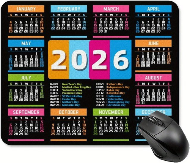Mauspad im Kalenderdesign 2026 mit rutschfester Gummibasis in Schwarz-Weiß und Multicolour für Zuhause und Büro - Bild 1