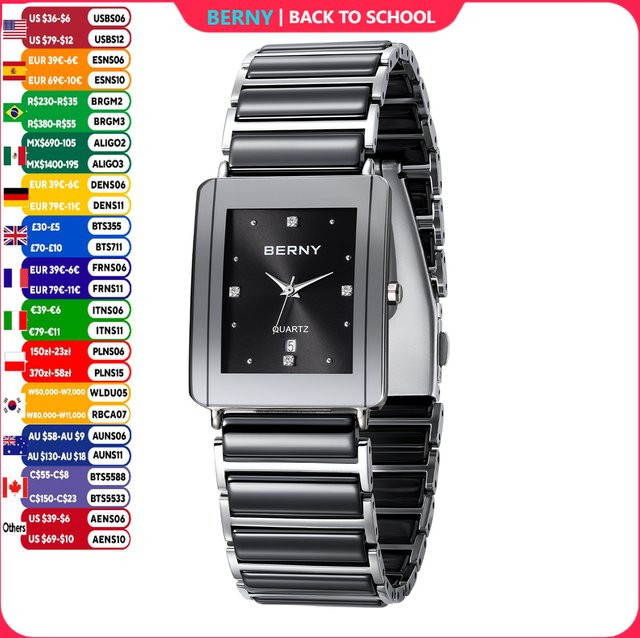 BERNY Armbanduhr Keramik, Quarz, rechteckig, Diamant, Herren, Schwarz - Bild 1