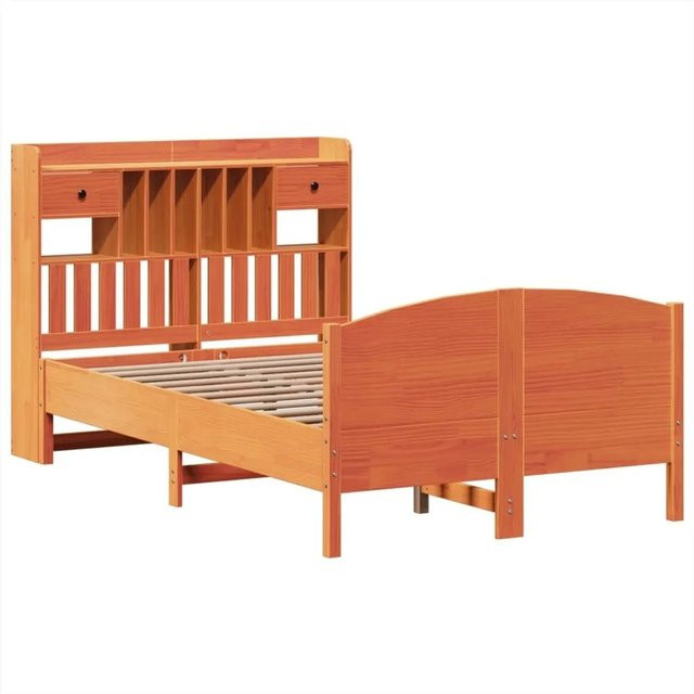 vidaXL Massivholzbett aus Kiefernholz mit Kopfteil und Regal in Braun, B/T/H: 140 x 190 cm - Bild 1