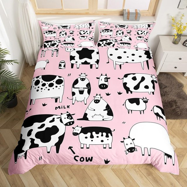 Bettwäsche-Set Your Warm Home mit Highland Cattle Motiv in Pink, Bettbezug und Kissenbezüge, Design: Geometrische Holzplanken und Blumen, B/H: 228 x 228 cm, Kissenbezüge: 50 x 70 cm - Bild 1