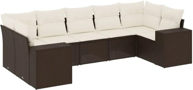 vidaXL 7-tlg. Garten-Sofagarnitur L-Form aus Polyrattan in Braun mit Kissen und pulverbeschichtetem Stahlgestell - Bild 1