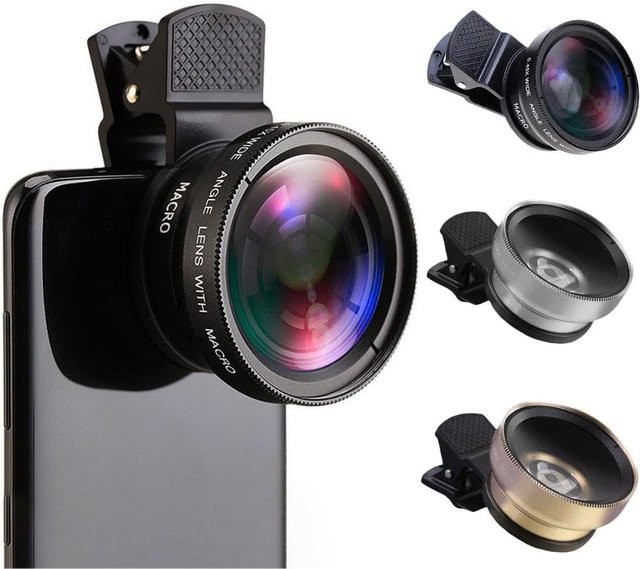 GOT-TOG 2-in-1 Universal-Clip-Objektiv Set für Smartphones: 0,45x Super-Weitwinkel und Makro HD-Objektiv mit 49UV-Filter in Schwarz und Gold - Bild 1