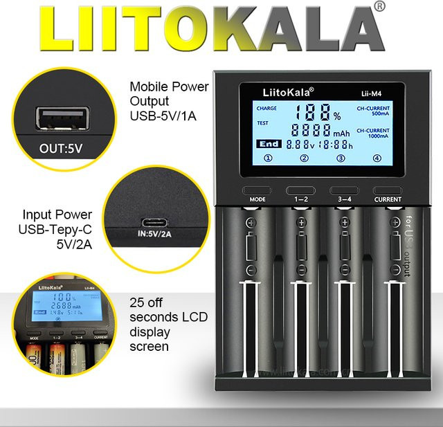 LiitoKala Lii-M4/M4S Smart Charger 4-Slot Schnellladegerät mit LCD-Display für Li-Ion und Ni-MH Akkus in Schwarz - Bild 1