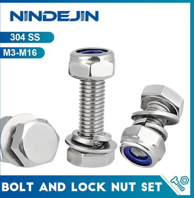NINDEJIN Edelstahl Schrauben- und Muttern-Set in Silber mit Sechskantschrauben, Sicherungsmuttern, Unterlegscheiben und Federscheiben - Bild 1