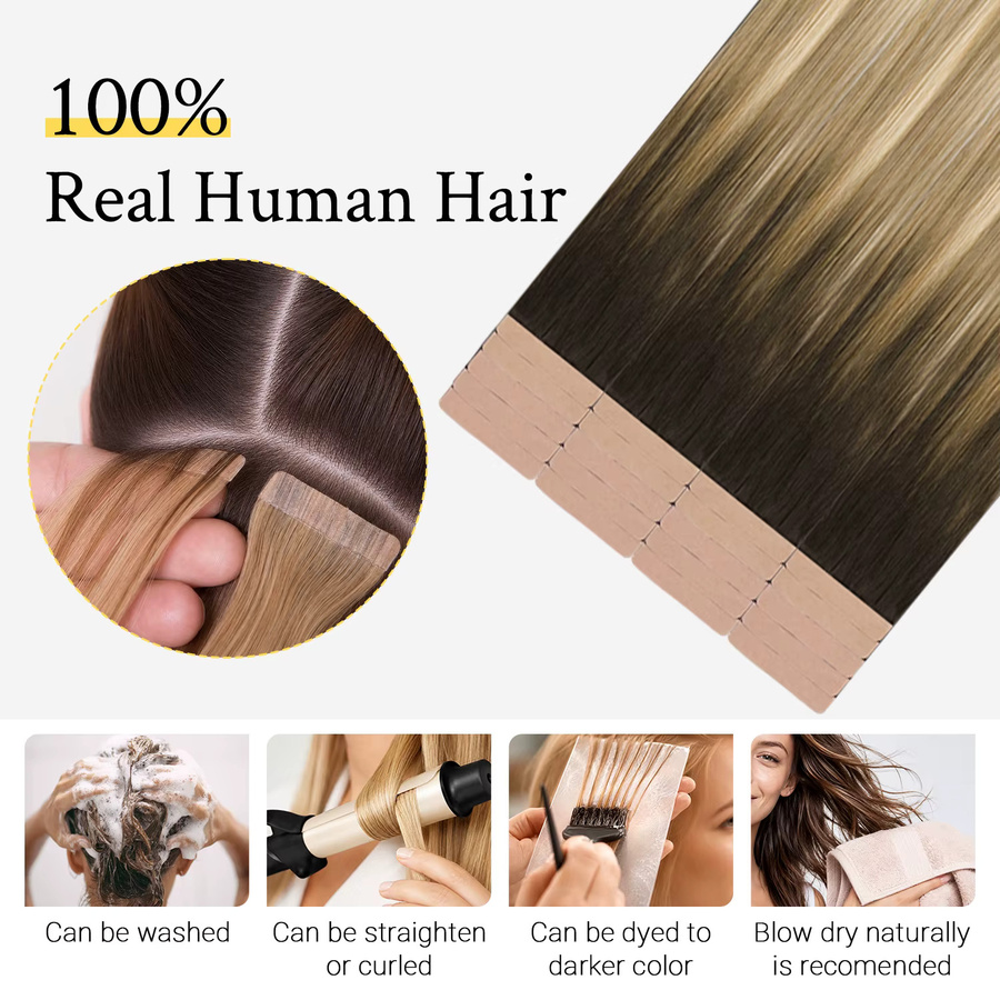 Sunmofavo Tape-In-Haarverlängerungen, Ombre, Walnussbraun, 10 Stück, 100 % Remy-Echthaar - Bild 2
