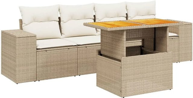 vidaXL 5-tlg Garten-Sofagarnitur aus Poly-Rattan und Akazienholz in Beige und Cremeweiß - Bild 1