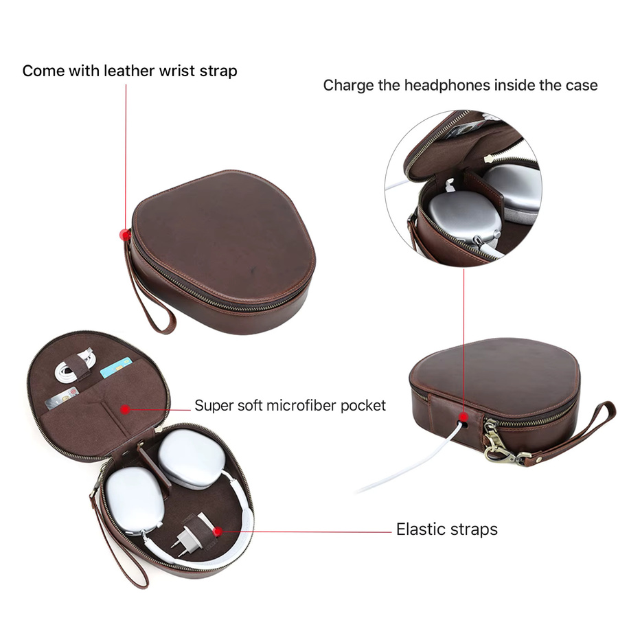 Echtledertasche in Braun für Apple AirPods Max und Sony WH-1000 XM4 XM5 XM6 Kopfhörer, Reise-Tragetasche und Schutzhülle - Bild 3