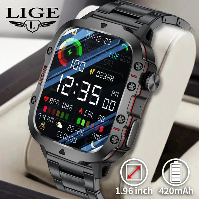 LIGE Militärische Smartwatch für Männer in Schwarz mit Bluetooth-Anruffunktion, 3ATM Wasserdichtigkeit und SpO2-Messung für Android - Bild 1
