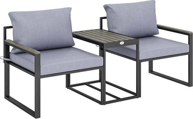 Furnicato 3-teiliges Balkonmöbel Set mit 2 Sesseln und Tisch in Grau mit abnehmbaren atmungsaktiven Sitz- und Rückenkissen - Bild 1
