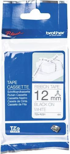 Brother TZe-R231 Textil-Schriftband unlaminiert, Farbe: Weiß, Schriftfarbe: Schwarz, Breite: 12 mm, Länge: 4 m - Bild 1
