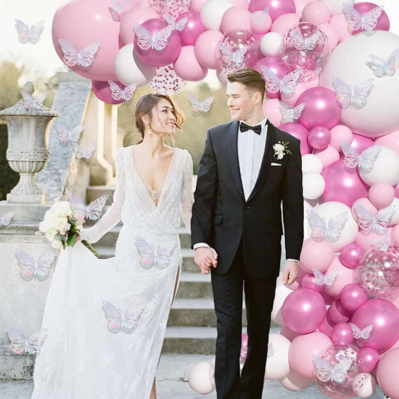 Rosa Ballonbogen-Set mit weißen Konfetti-Ballons aus Metall und 12 Schmetterlingsaufklebern zur Dekoration für Hochzeiten - Bild 1