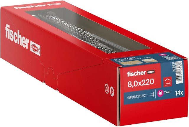 Fischer Holzbauschraube PowerFast II Tellerkopf mit Torx-Antrieb, Farbe: Silber, Durchmesser: 8 mm, Länge: 220 mm, 14 Stück - Bild 1