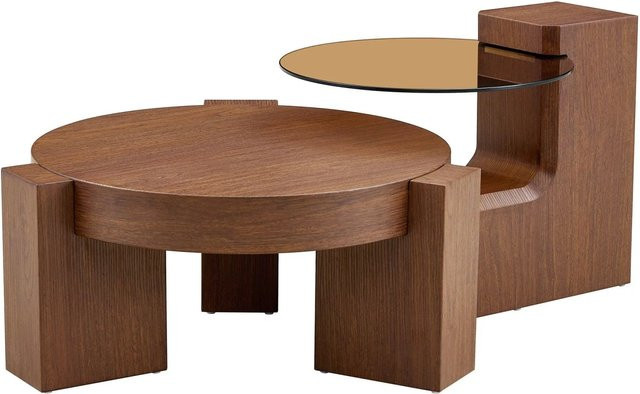 okwish Beistelltisch mit zwei Ebenen und Glasplatte in Marmoroptik, rund, Braun, B: 75 cm, T: 75 cm, H: 34 cm - Bild 1