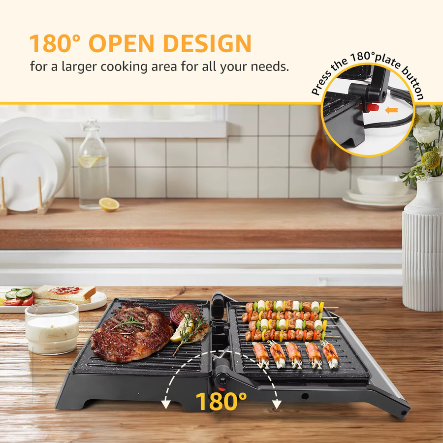Aigostar Kontaktgrill in Schwarz mit Edelstahl-Design, 1500W Panini Grill und Sandwichmaker mit Antihaftbeschichtung und abnehmbarer Ölsammelbox - Bild 2