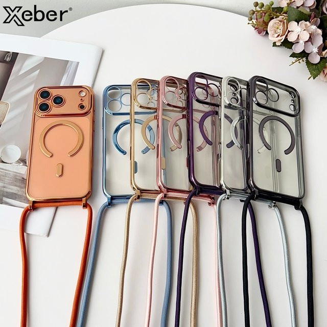 Xeber Magnetische Handyhülle mit Lanyard und Halskettenschnur für iPhone Pro Max, Transparent/Orange, MagSafe kompatibel - Bild 1