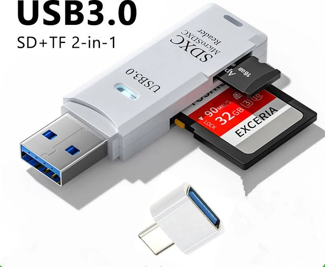Tutew Multifunktionaler 2-in-1 Hochgeschwindigkeits-Kartenleser mit USB 3.0 und 2.0 für TF und SD Karten in Weiß - Bild 1