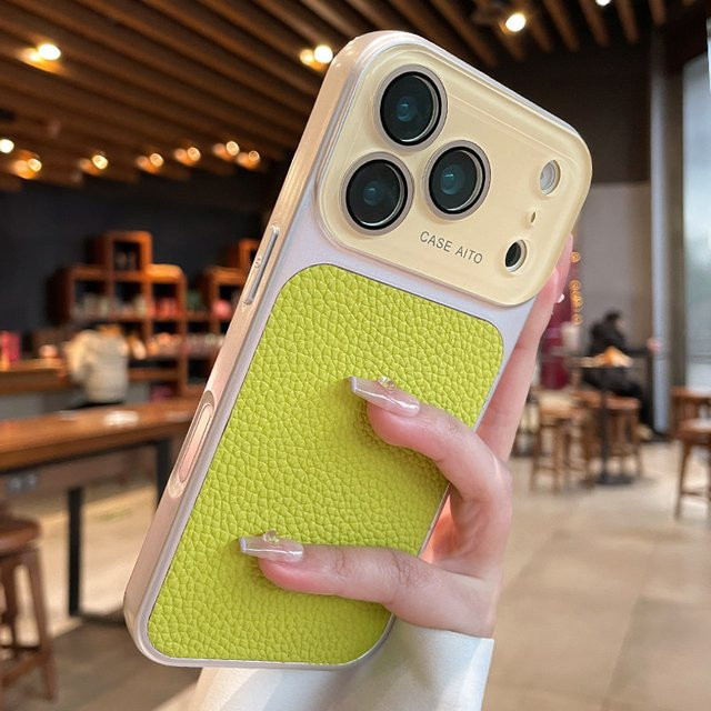 Aibairuixin Leder Handyhülle mit Litschi-Muster für iPhone 17 16 15 14 13 12 Pro Max Plus Air inklusive Kameraschutzfolie und Stoßfänger-Rückabdeckung in Pink und Grün - Bild 1