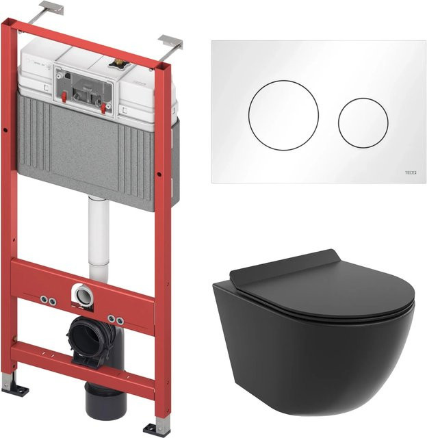 KOLMAN WC-Komplettset mit Vorwandelement und Betätigungsplatte in Schwarz, Wand-WC aus Keramik mit Rimless-Spülsystem und Soft-Close-Funktion - Bild 1