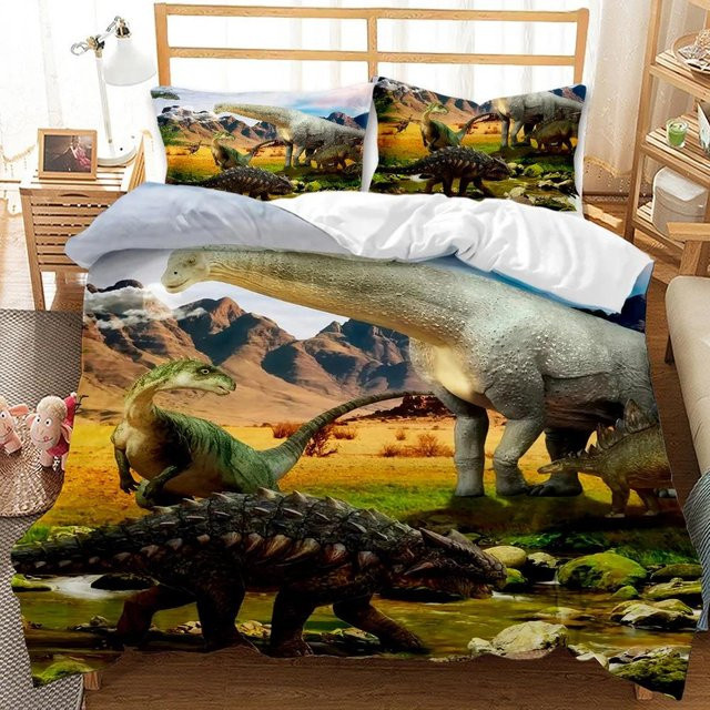 Jurassic Dinosaurier Bettwäsche Set mit Tyrannosaurus Rex und wilden Raubtieren aus Polyester, Mehrfarbig, B: 133 cm, H: 70 cm - Bild 1