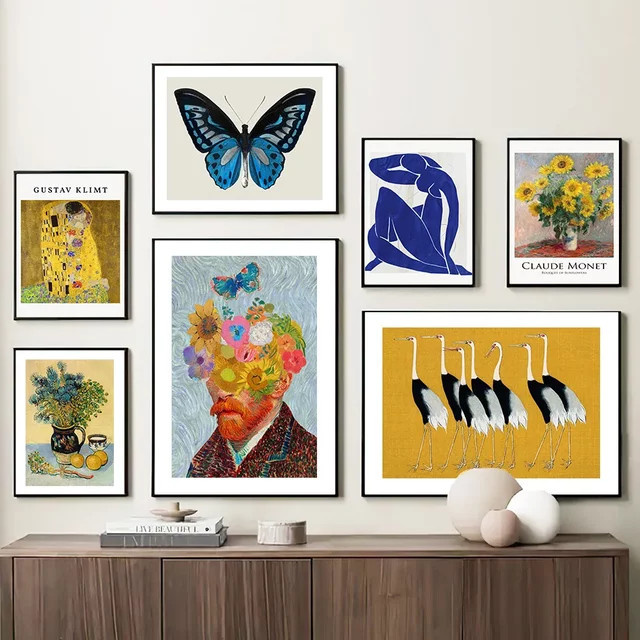 Retro Floral Wandkunst Potdemiel Leinwandmalerei und Paper Poster mit Blumenmotiven im Stil von Henri Matisse, Gustav Klimt und Van Gogh, Mehrfarbig - Bild 1