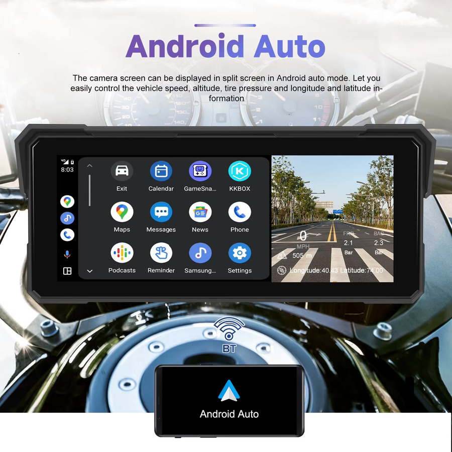 Podofo Tragbarer Motorrad-Monitor mit 8,1 Zoll Display, Kabelloses CarPlay und Android Auto, IP68 Wasserdicht, DVR mit 2 Kameras, Schwarz - Bild 5