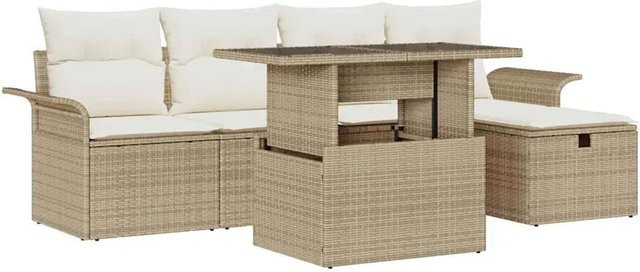 6-tlg. vidaXL Garten-Sofa-Set aus Poly-Rattan in Beige mit Kissen und integriertem Stauraum sowie Glastisch - Bild 1