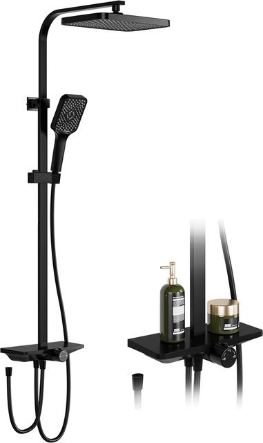 HobbyLane Regendusche Set Wandmontage in Schwarz mit Regenduschkopf, Mischbatterie, Regal und Haltegriff - Bild 1