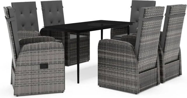 vidaXL 7-teilige Garten-Essgruppe aus PE-Rattan und pulverbeschichtetem Stahl in Grau mit Glastisch - Bild 1