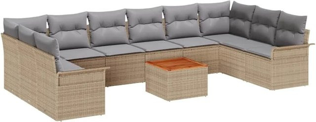vidaXL 11-teiliges Gartensofa-Set in U-Form aus Poly Rattan und Akazie mit Kissen in Beige-Grau - Bild 1
