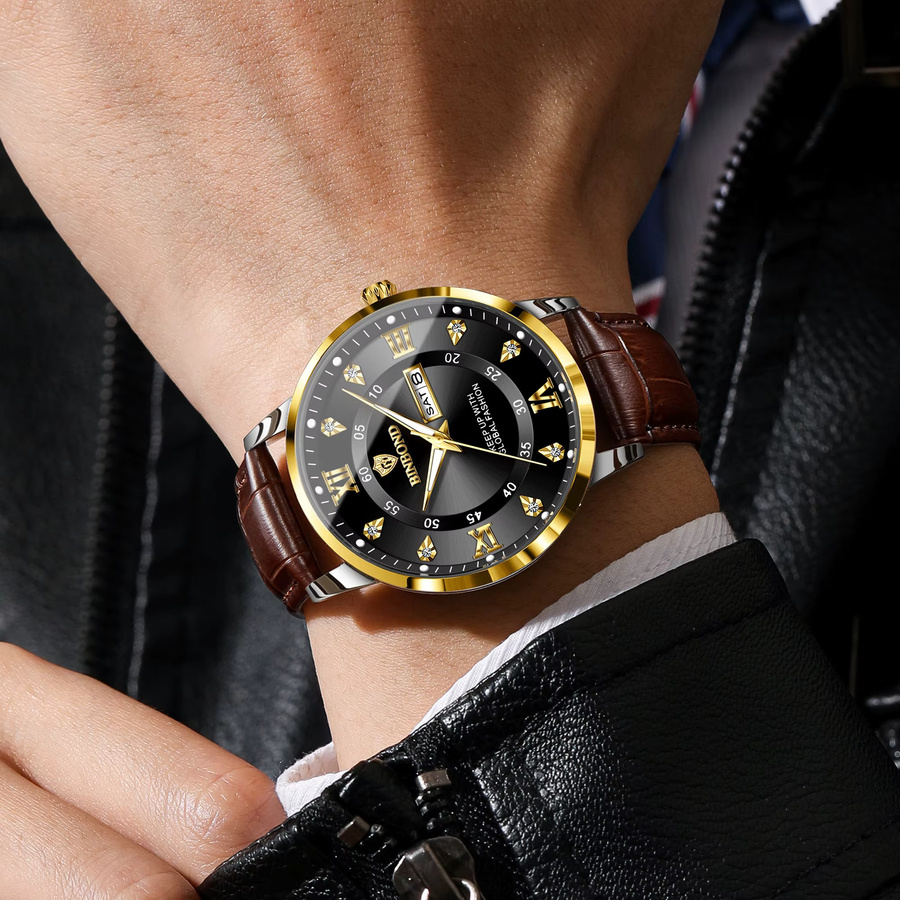 BINBOND Armbanduhr Quarz, Leder, Schwarz, Herren, Datum, Wochentag - Bild 3